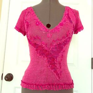 Handmade Silk Knit Crochet Top pink S